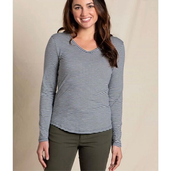 Toad & Co Women’s Marley II Long Sleeve V Neck Tee in Navy Stripe - Picture 1 of 7